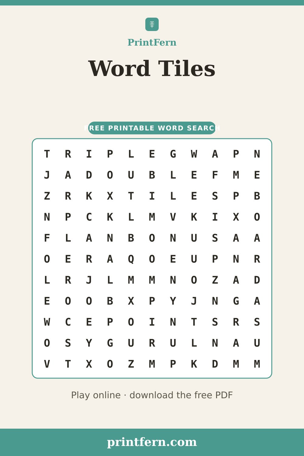Word Tiles Word Search, free printable PDF preview