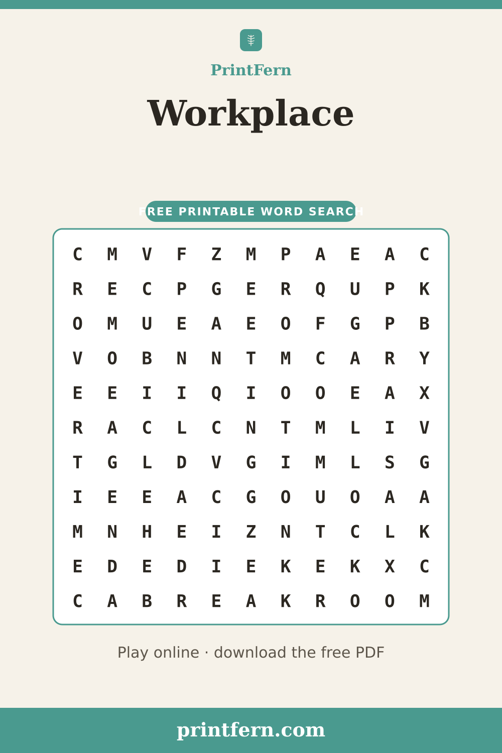 Workplace Word Search, free printable PDF preview