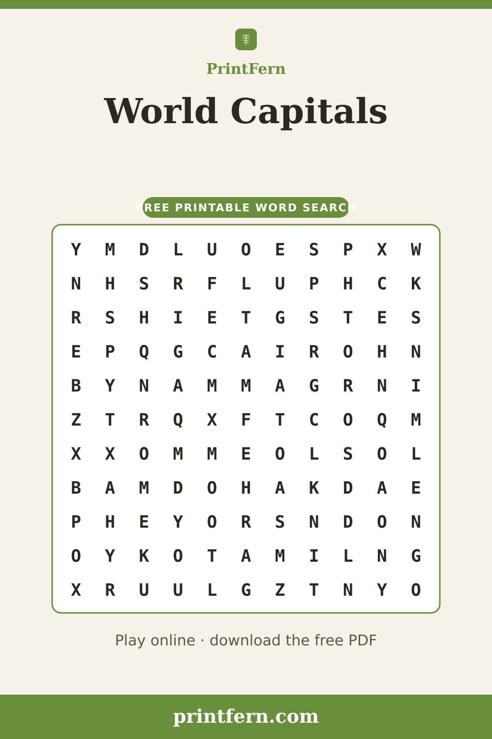 World Capitals Word Search, free printable PDF preview