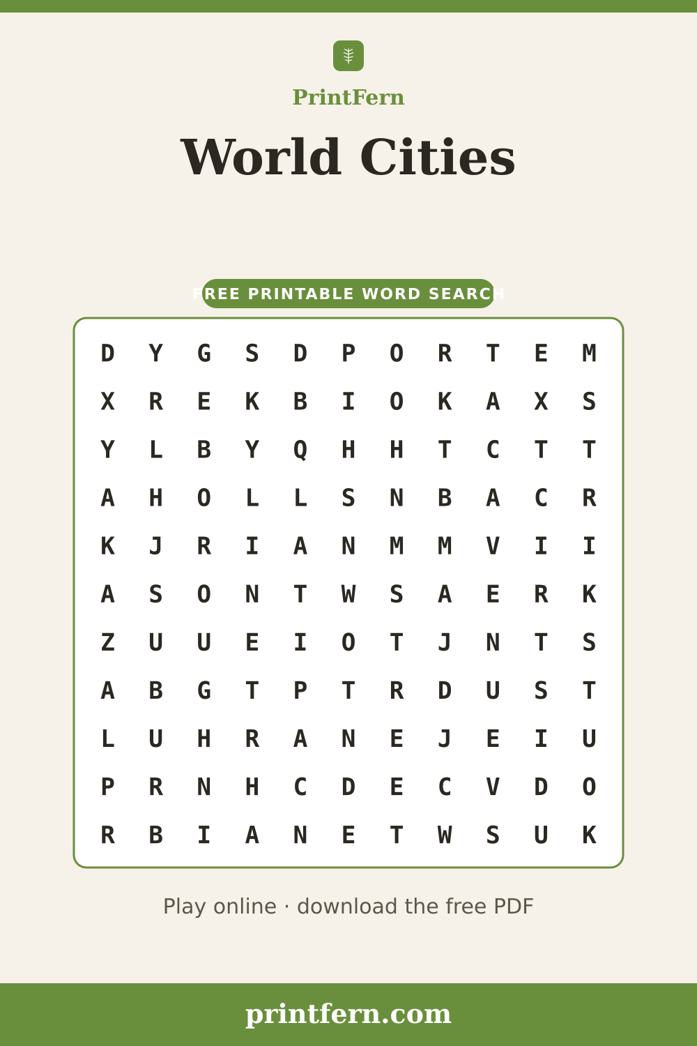 World Cities Word Search, free printable PDF preview