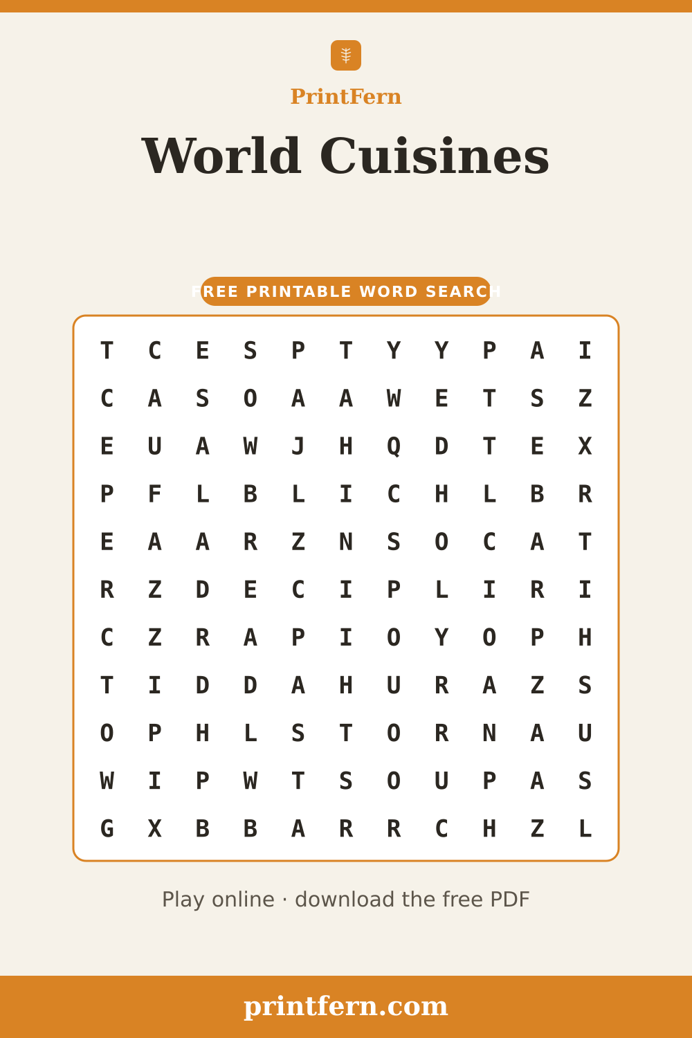 World Cuisines Word Search, free printable PDF preview
