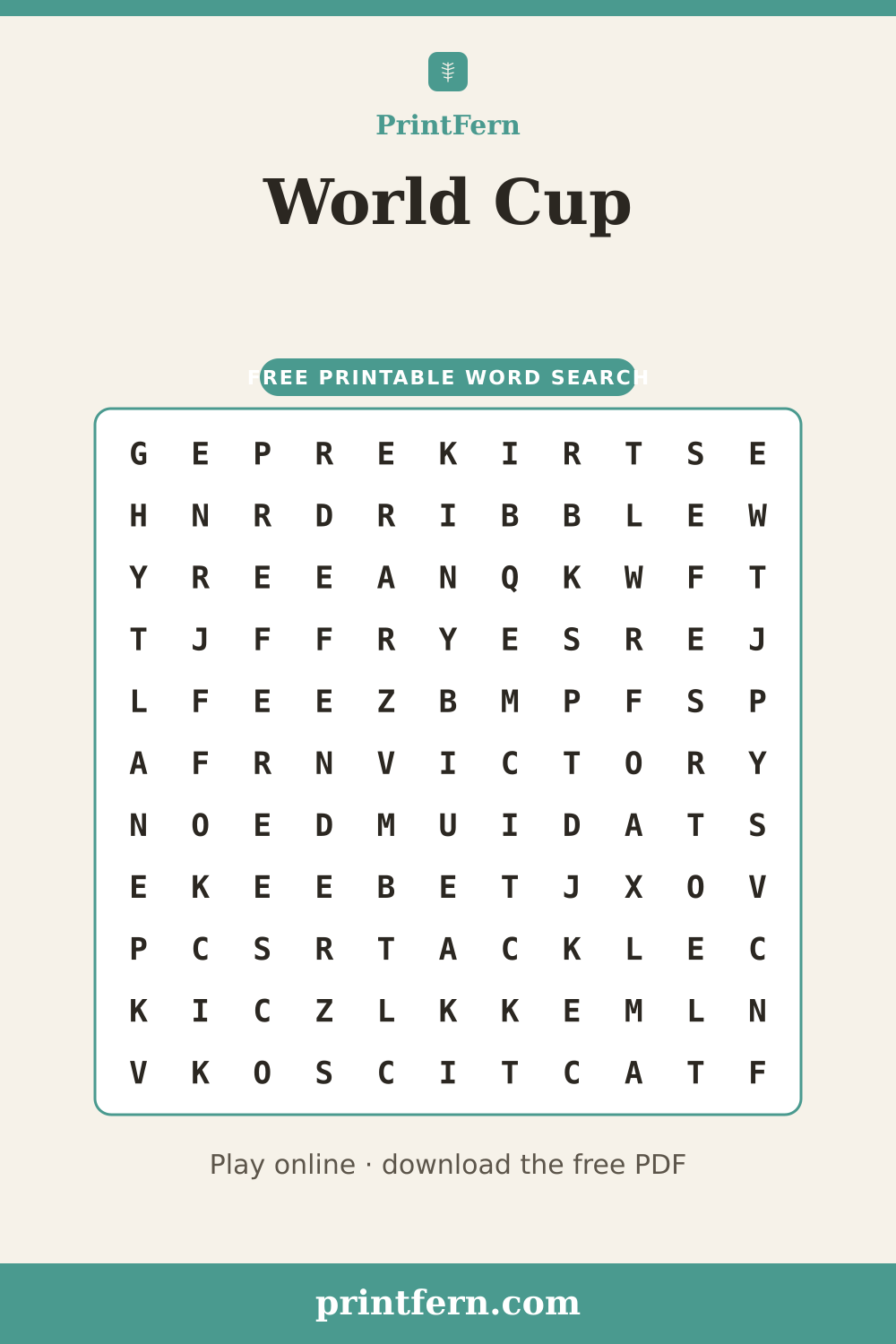 World Cup Word Search, free printable PDF preview