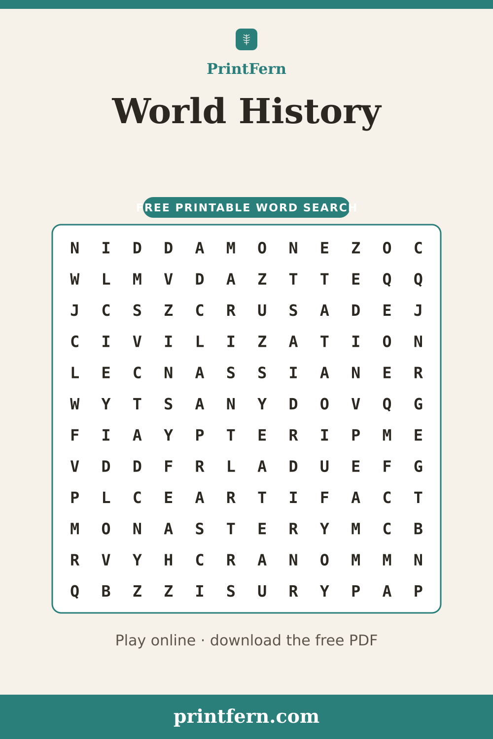 World History Word Search, free printable PDF preview