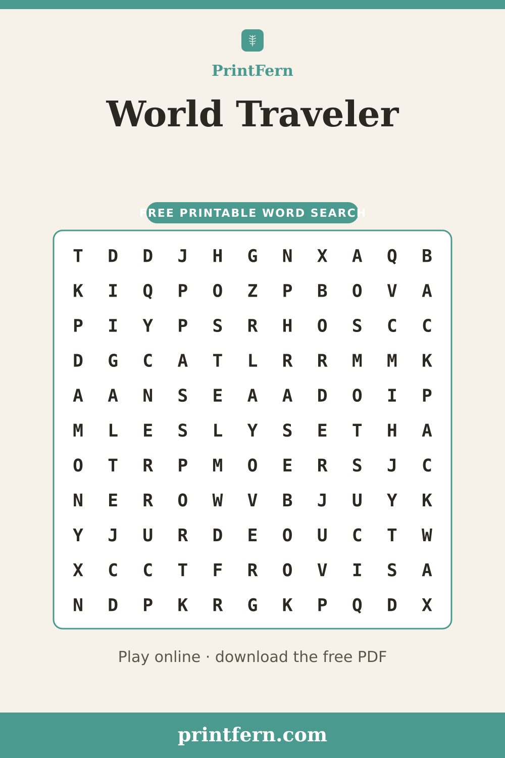 World Traveler Word Search, free printable PDF preview