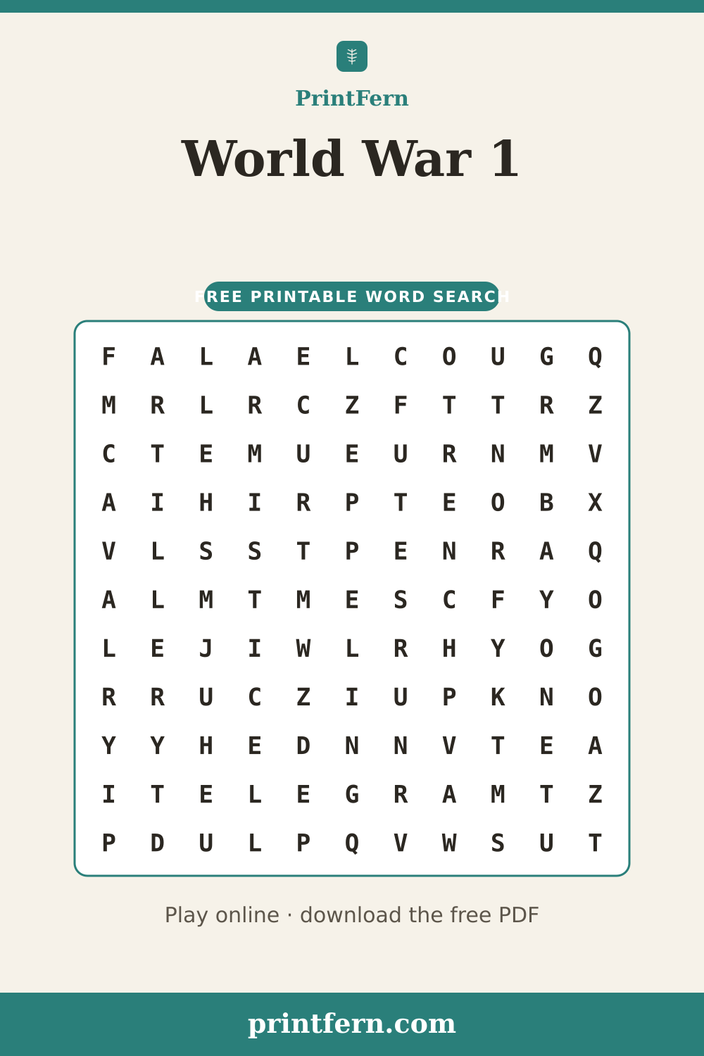World War 1 Word Search, free printable PDF preview