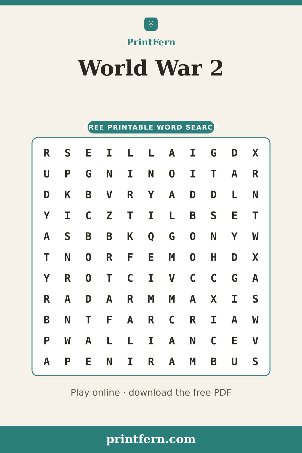 World War 2 Word Search, free printable PDF preview