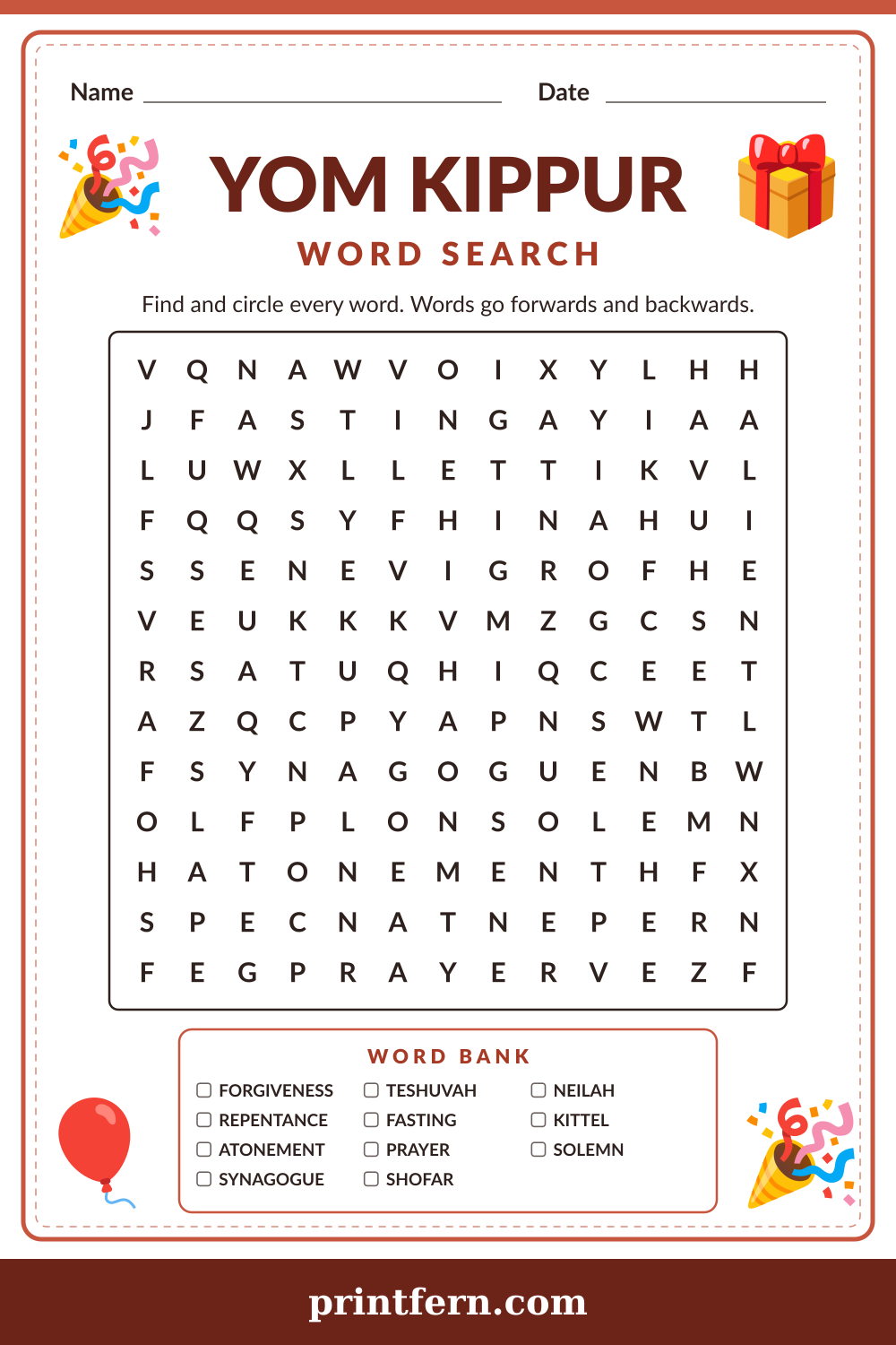 Yom Kippur Word Search, free printable PDF preview