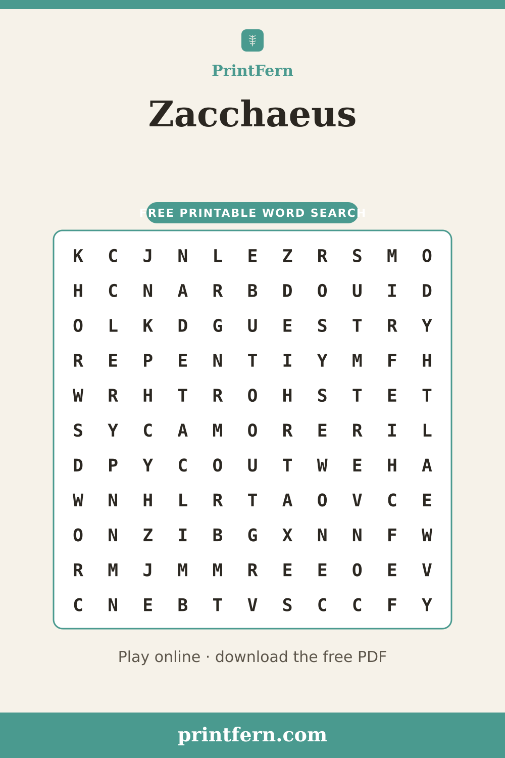 Zacchaeus Word Search, free printable PDF preview