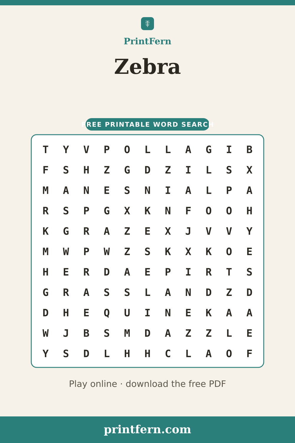 Zebra Word Search, free printable PDF preview
