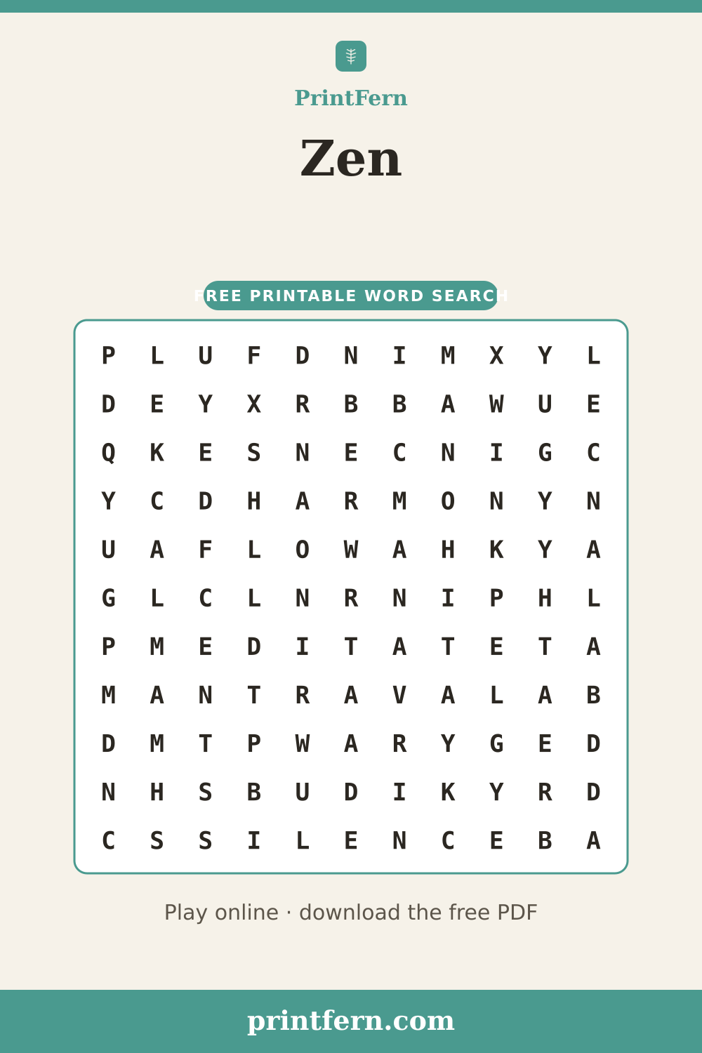 Zen Word Search, free printable PDF preview