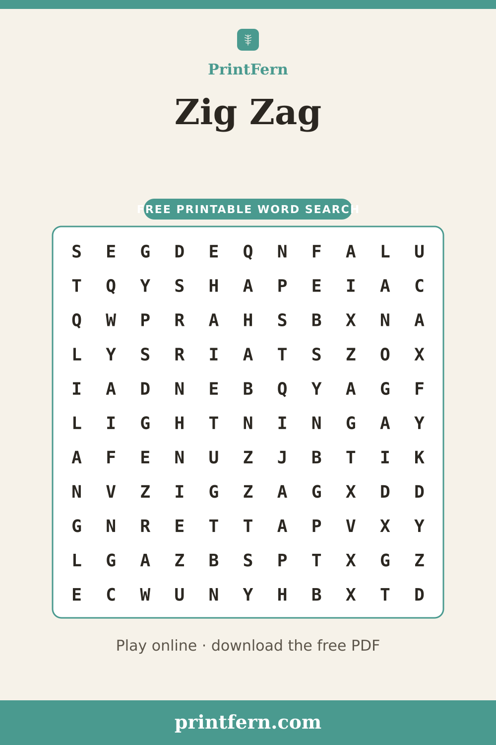 Zig Zag Word Search, free printable PDF preview