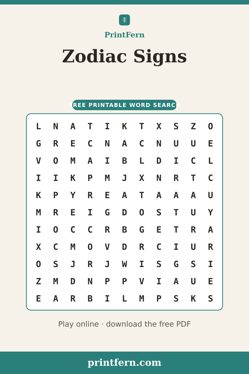 Zodiac Signs Word Search, free printable PDF preview