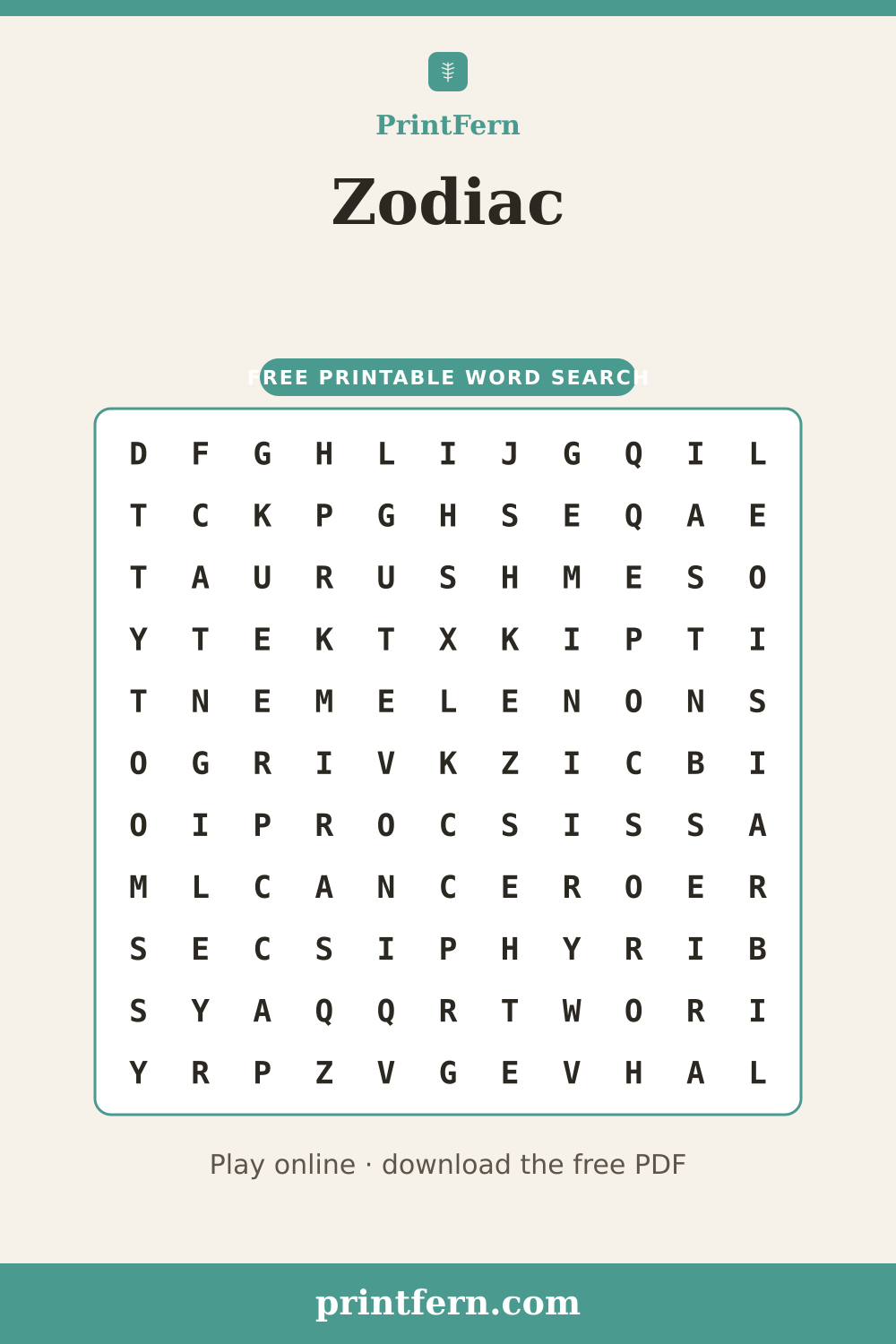 Zodiac Word Search, free printable PDF preview