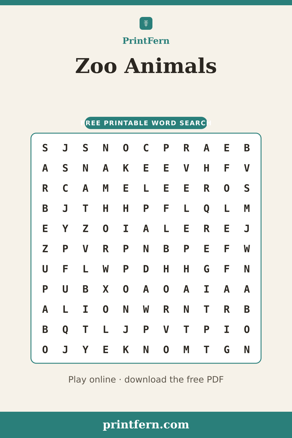 Zoo Animals Word Search, free printable PDF preview