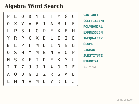 Algebra Word Search preview