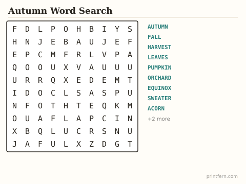 Autumn Word Search preview