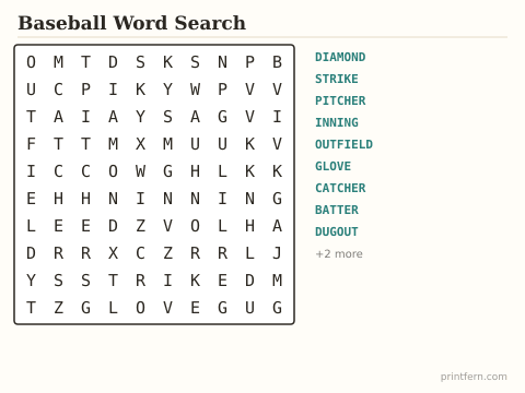 Baseball Word Search preview