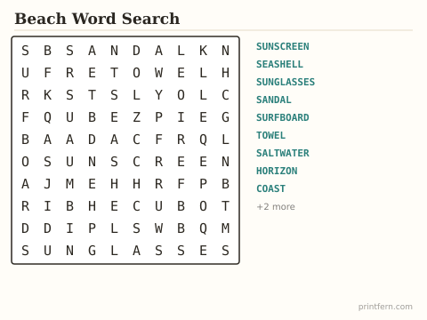 Beach Word Search preview