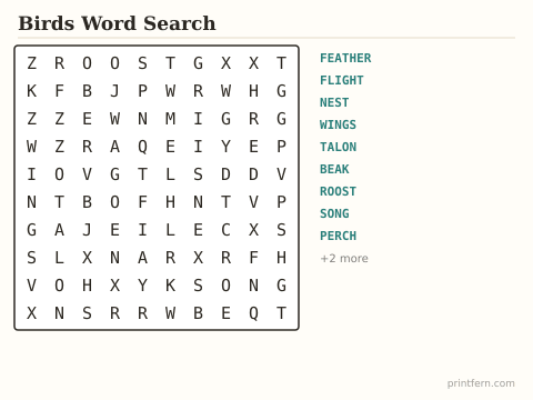 Birds Word Search preview
