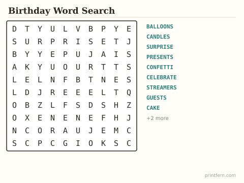 Birthday Word Search preview