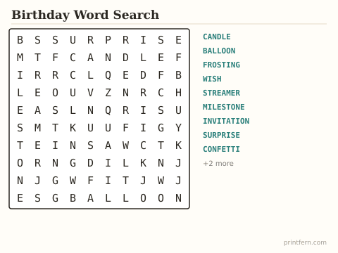 Birthday Word Search preview