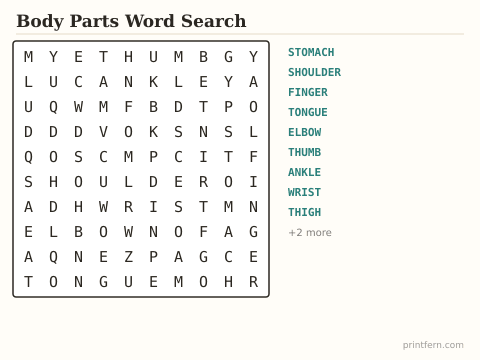 Body Parts Word Search preview