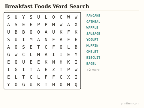 Breakfast Foods Word Search preview