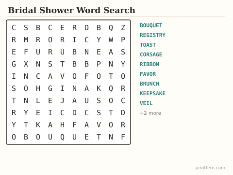 Bridal Shower Word Search preview