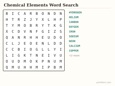 Chemical Elements Word Search preview