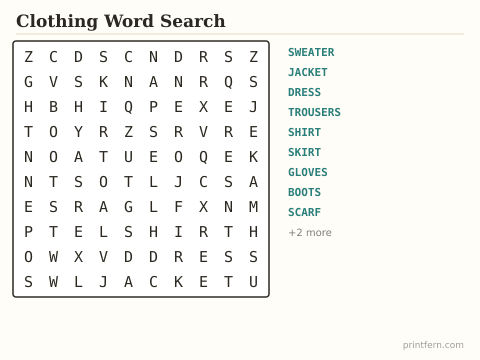 Clothing Word Search preview