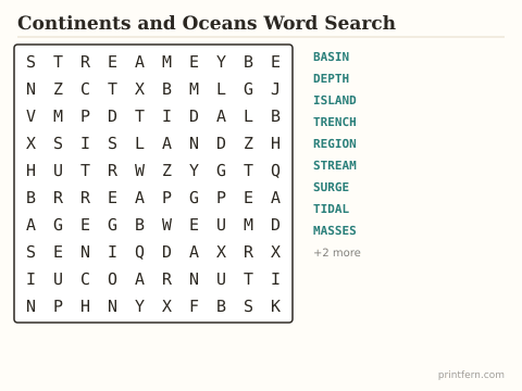 Continents and Oceans Word Search preview