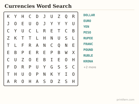 Currencies Word Search preview