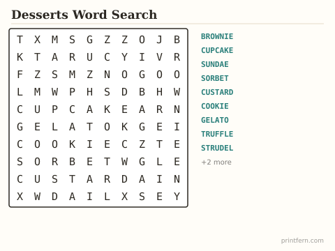 Desserts Word Search preview