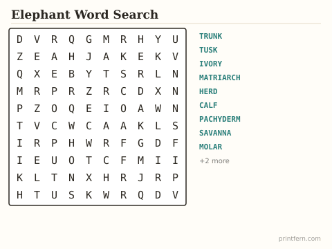 Elephant Word Search preview