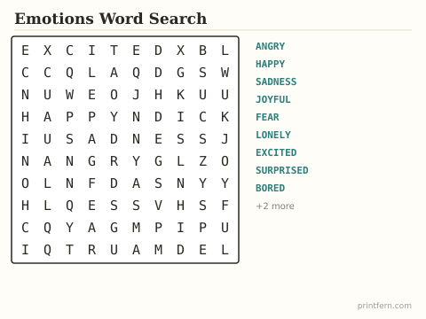 Emotions Word Search preview