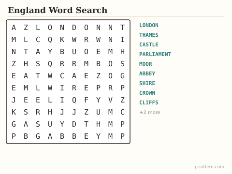 England Word Search preview
