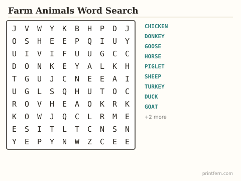Farm Animals Word Search preview
