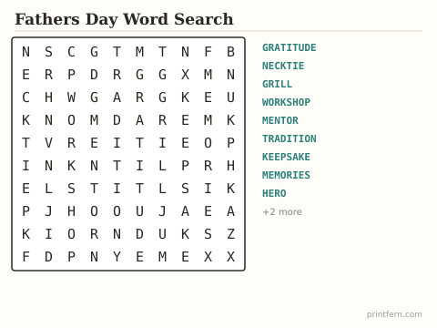 Fathers Day Word Search preview
