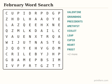 February Word Search preview
