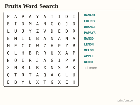 Fruits Word Search preview