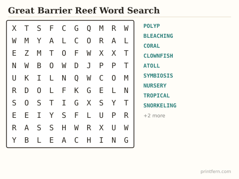 Great Barrier Reef Word Search preview