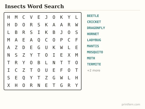 Insects Word Search preview