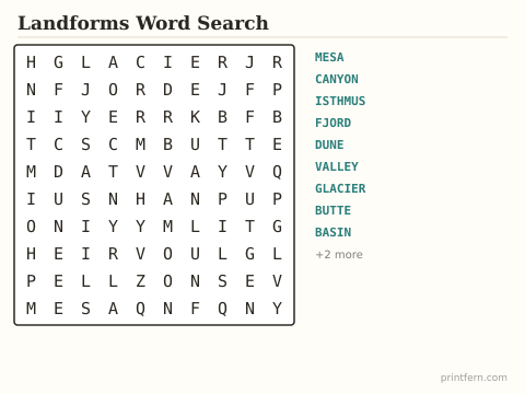 Landforms Word Search preview