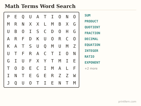 Math Terms Word Search preview