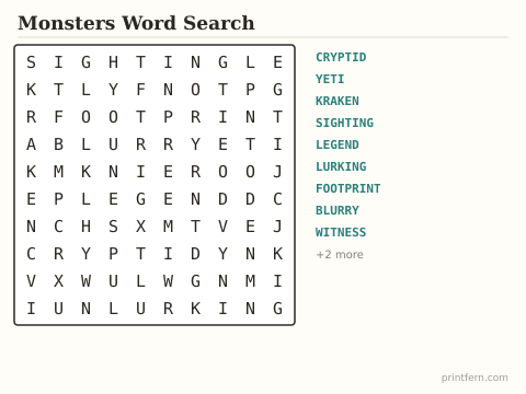 Monsters Word Search preview