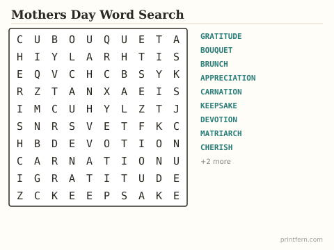 Mothers Day Word Search preview