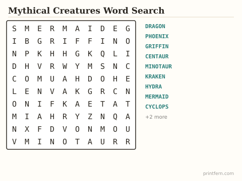 Mythical Creatures Word Search preview