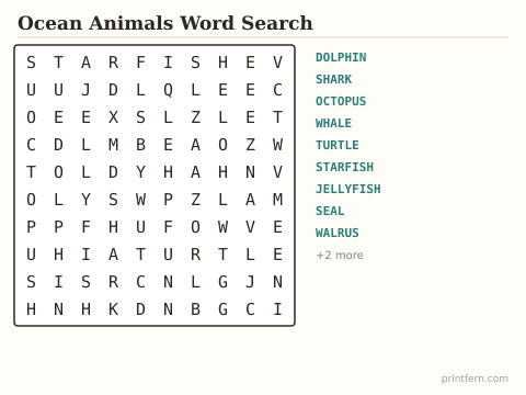 Ocean Animals Word Search preview