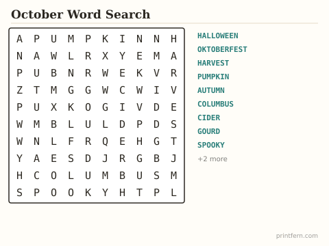 October Word Search preview