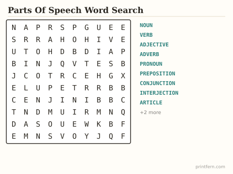 Parts Of Speech Word Search preview